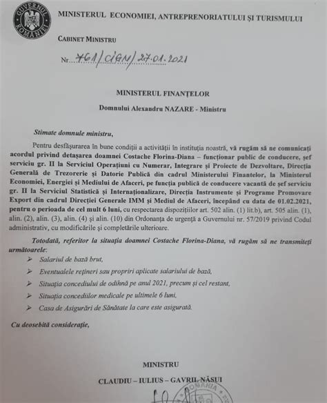 DOCUMENT Claudiu Năsui vrea să o aducă în Ministerul Economiei și pe