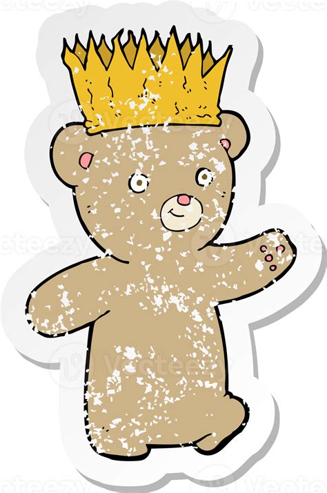 Retro Distressed Sticker Of A Cartoon Teddy Bear Wearing Paper Crown 40695791 Png