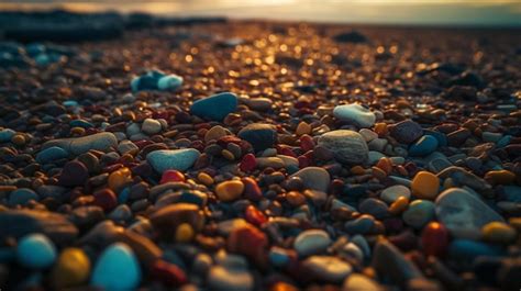 Seixos Coloridos Na Praia Ao P R Do Sol Profundidade Rasa De