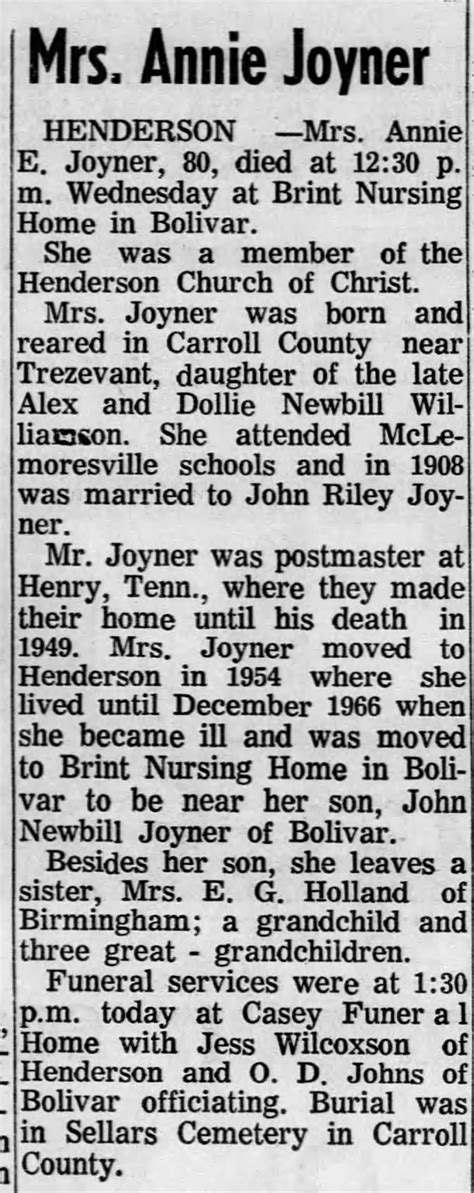 Mrs Annie Joyner Obituary ™