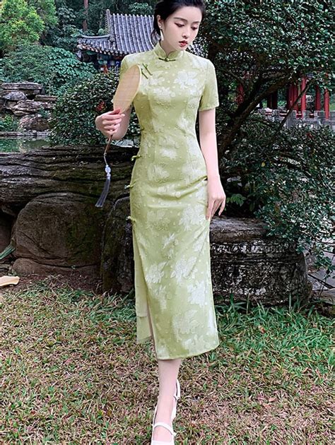 Green Jacquard Tea Length Cheongsam Qipao Dress CozyLadyWear