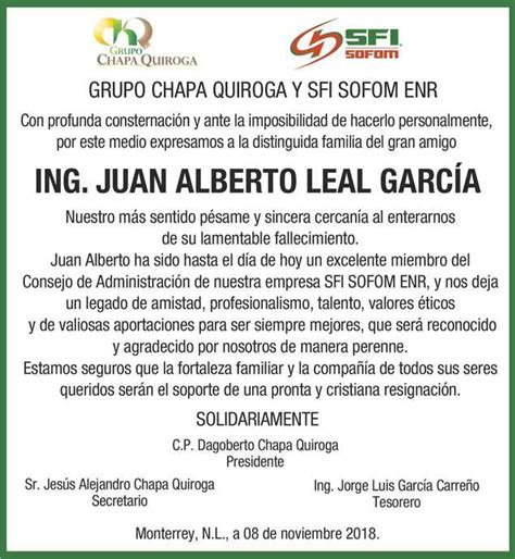 Ing Juan Alberto Leal Garc A Obituario Esquela