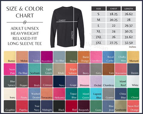 Comfort Colors Color Chart Comfort Colors Size And Etsy