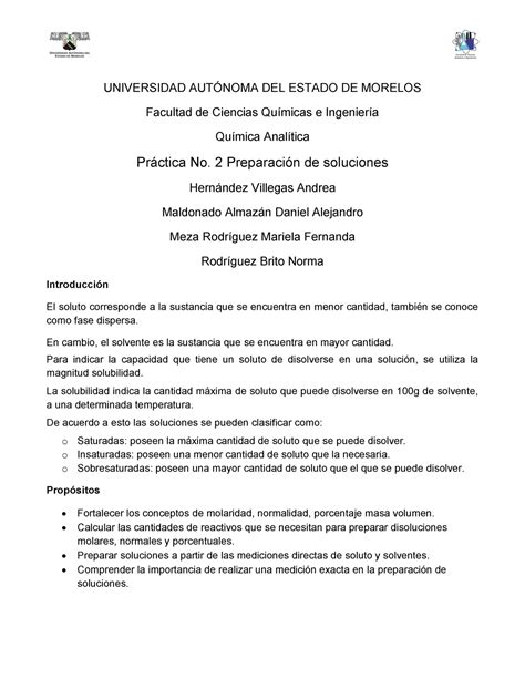 Reporte De Laboratorio Preparación De Soluciones Universidad