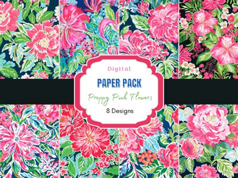 Preppy Pink Flower Digital Paper Pack Graphic By Mystic Mountain Press