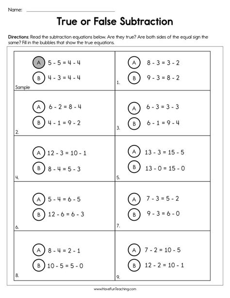 True Or False Subtraction Worksheet By Teach Simple