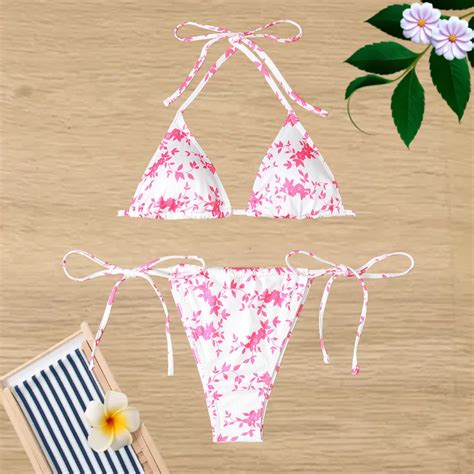 Women S Floral Print Sexy Bikini Set Halter Neck Backless Triangle