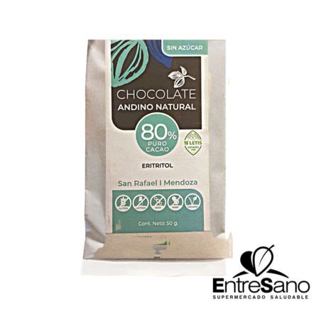 CHOCOLATE ERITRITOL 80 CACAO S A 50gr Andino Natural Entresano