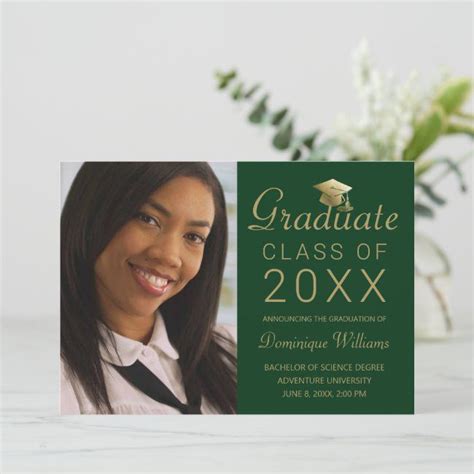 Graduation Photo Green Gold Grad Cap Script 2023 Announcement | Zazzle ...