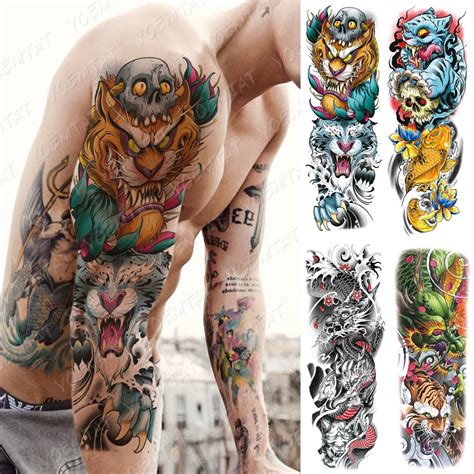 Grande braço manga tatuagem tigre crânio dragão à prova dwaterproof