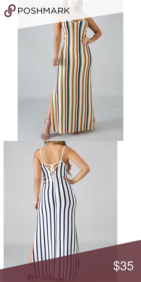 Colorful Striped Maxi Dress Stretchy Fabric Round Neckline