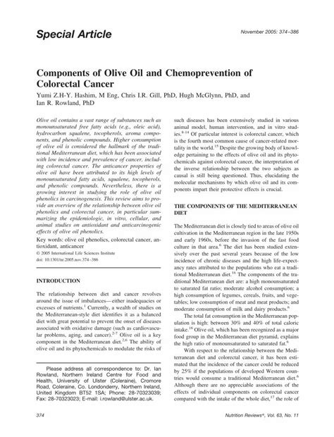 PDF Components Of Olive Oil And Chemoprevention Of Colorectal Cancer