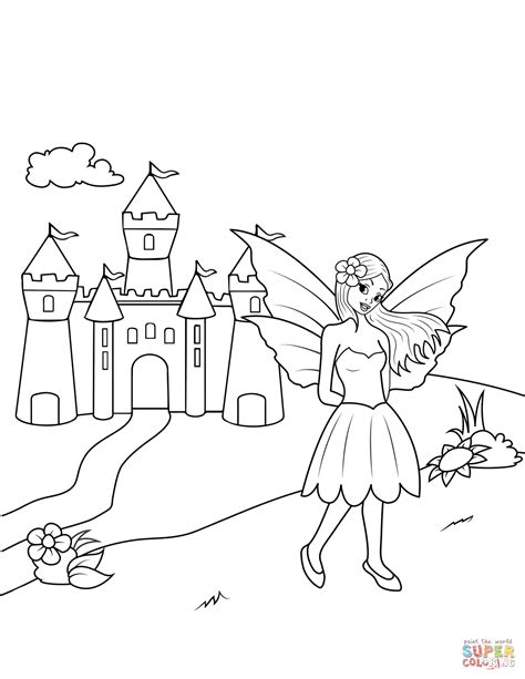 Fairy near Castle coloring page | Free Printable Coloring Pages