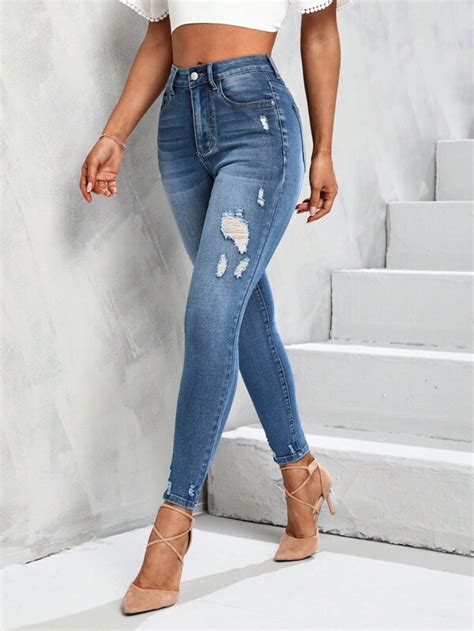 Shein Essnce High Waist Ripped Skinny Jeans Shein Usa