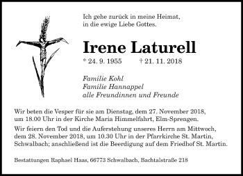 Traueranzeigen Von Irene Laturell Saarbruecker Zeitung Trauer De