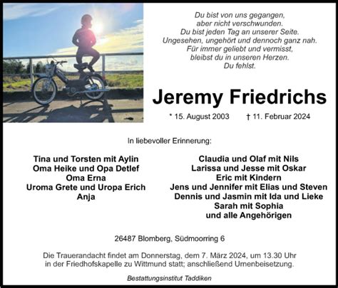 Traueranzeigen Von Jeremy Friedrichs Nordwest Trauer De