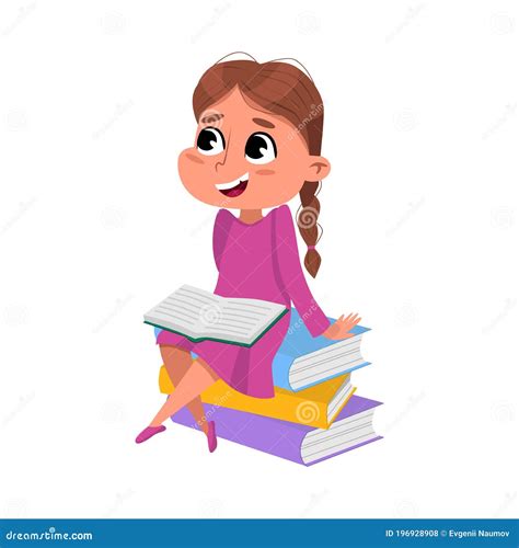 Cute Brunette Girl Sitting On Pile Of Books Preschooler Kid Or