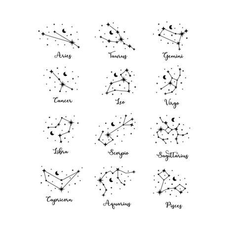 12 Zodiac Constellations Set With Moon And Stars On White Background