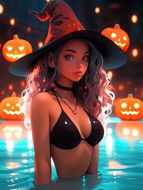 Premium Photo Manga Anime Beauty Halloween Sexy Witch Wear Bikini In Pool