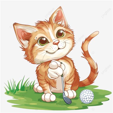 Cute Cat Playing Golf On Grass Cartoon Icons Logo Design Png