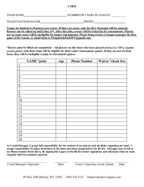 Fillable Online Softball Team Roster Raleigh County Parks Rec Fax