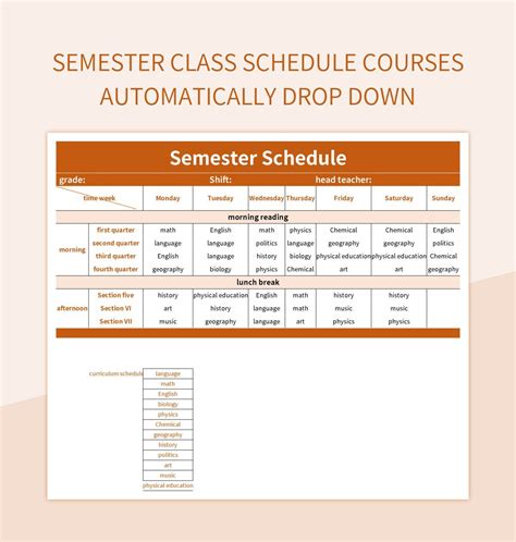 Semester Class Schedule Courses Automatically Drop Down Excel Template