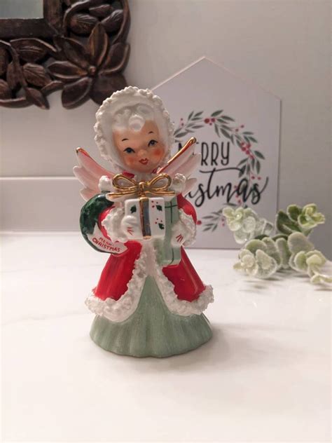 Ceramic Christmas Angel Holding Wreath And Present Christmas Etsy