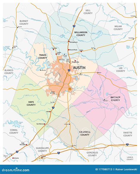 Road and Administrative Vector Map of Greater Austin, Texas, United