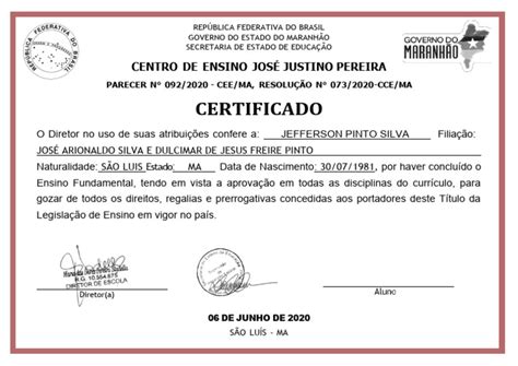 Certificado De Conclusao Do Ensino Fundamental - Certificado de Conclusão do Ensino Fundamental | PDF
