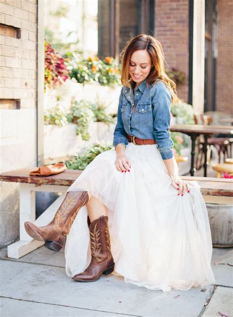 Chiffon Ballerina Skirt Denim Shirt Cowboy Boots Braided Belt