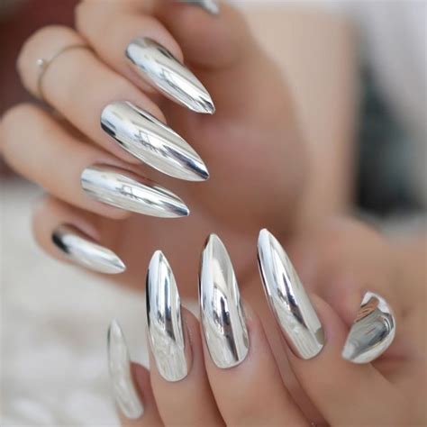 Miroir Métallique Extra Long Stilettos Pointu Faux Ongles Métal Argent Faux Ongles Acrylique In