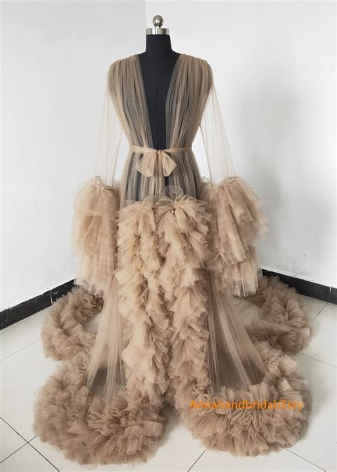 Tan Maternity Robe Open Front Ruffle Tulle Dress Photo Shoot Etsy