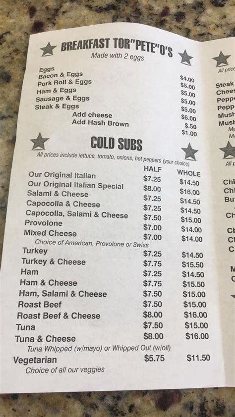 Menu At Pete S Subs Restaurant Egg Harbor Township