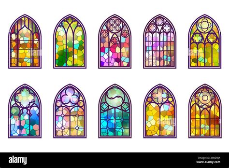 Gothic Windows Set Vintage Stained Glass Church Frames Element Of