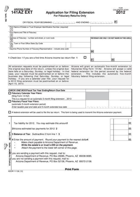 Fillable Arizona Form 141az Ext Application For Filing Extension For