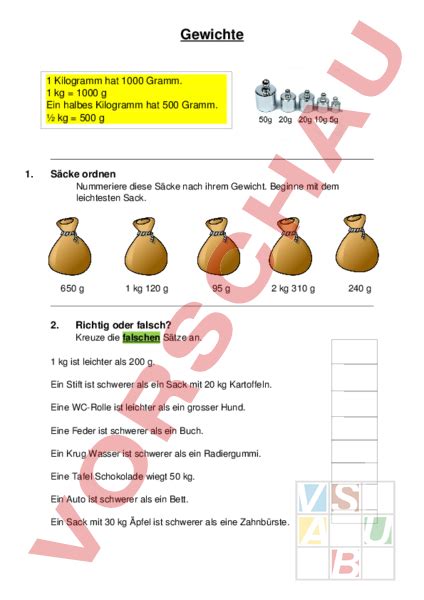 Arbeitsblatt Arbeitsblatt Gewichte Mathematik Sachrechnen Grössen