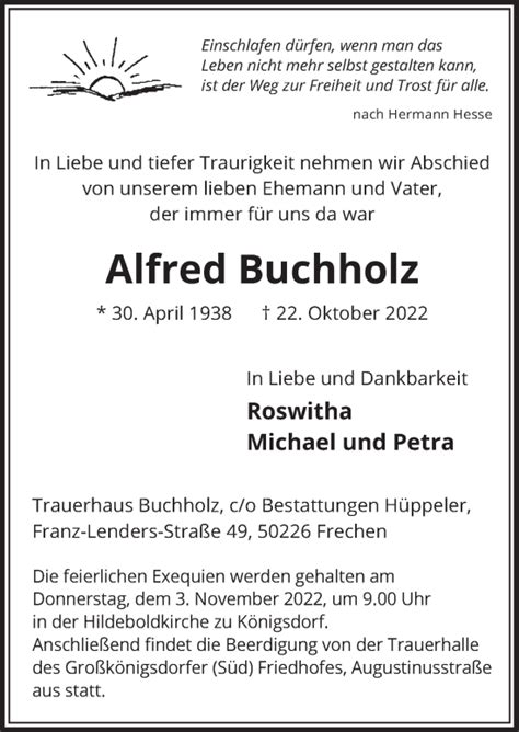 Traueranzeigen Von Alfred Buchholz WirTrauern