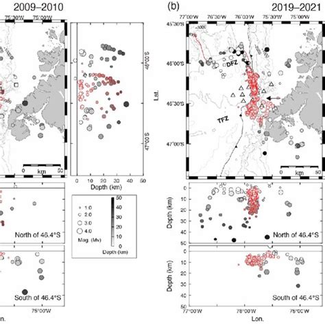 The Hypocenter Distributions Of A The 2009 2010 Observations And B