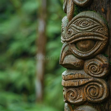 Carved Wooden Totem Pole In Lush Forest Stock Illustration