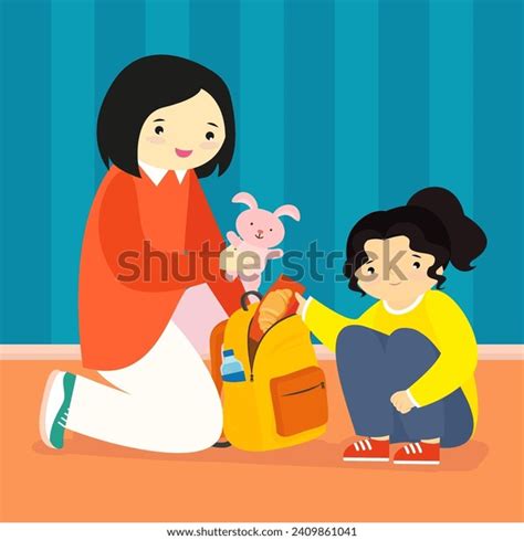 Mother Daughter Sitting On Floor Backpack Stock Vector Royalty Free