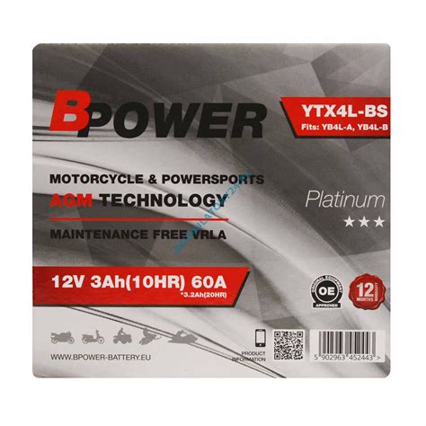 BPower Platinium AGM YTX4L BS 12V 3Ah 60A YB4L A YB4L B