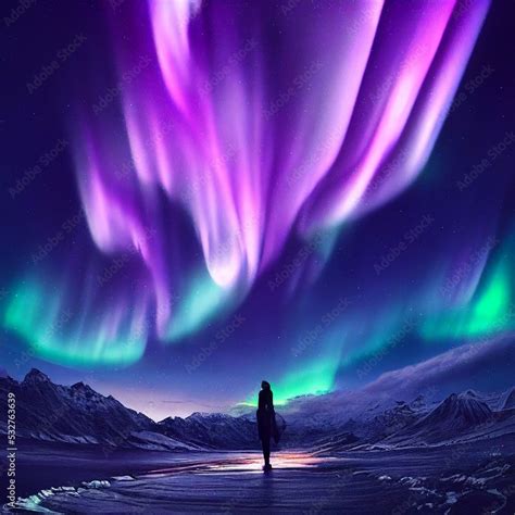 Aurora borealis landscape at night . Sky full of light waves, northern ...