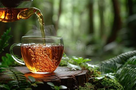 Glass Cup Of Tea On Wooden Table And Blurred Nature Background Stock