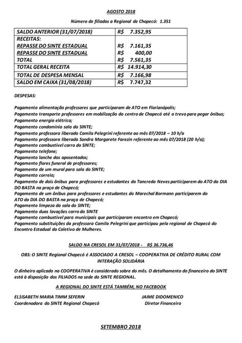 RelatÓrio Financeiro Do Sinte Regional ChapecÓ Pdf