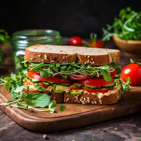 Premium Photo Vegan Sandwich With Tofu Hummus Avocado Tomato And Sprouts