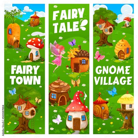 Fairy Town And Village Banners Cartoon Gnome And Elf Houses Vector