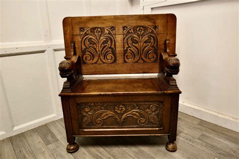 Arts And Crafts Carved Oak Monks Bench Settle Hall Table