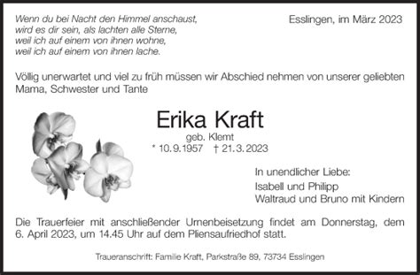 Traueranzeigen Von Erika Kraft Zeit Des Gedenkens De