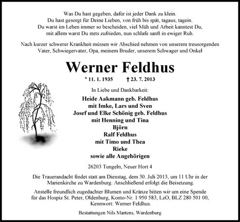 Traueranzeigen Von Werner Feldhus Nordwest Trauer De