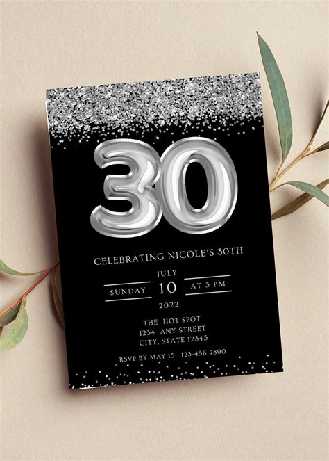 Editable 30th Birthday Invitation Black And Silver Invitation Silver 30 Balloon Glam Glitter